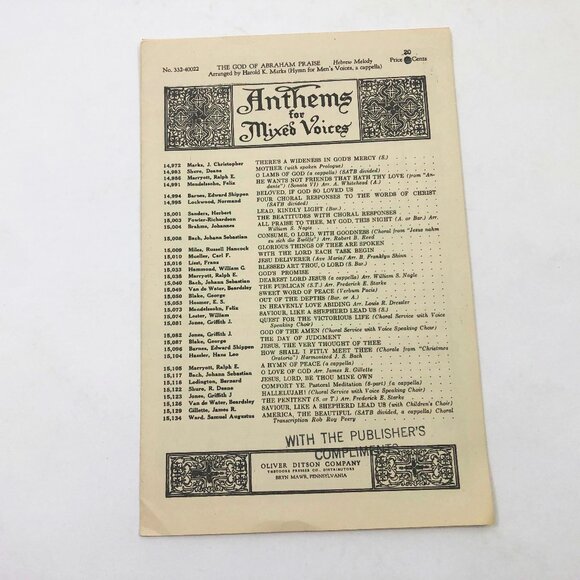 Anthem For Mixed Voices #332-40022 The God of Abraham Praise Booklet Vintage - Picture 1 of 4